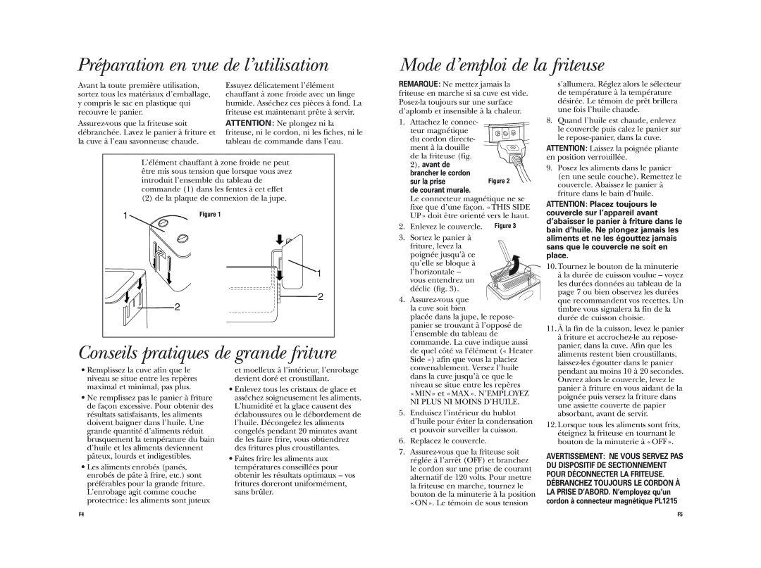 GE 681131690300 Conseils pratiques de grande friture, Avant de Brancher le cordon Sur la prise De courant murale 