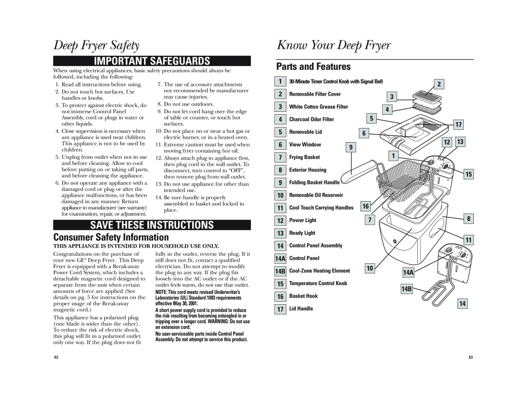 GE 169030 Deep Fryer Safety, Know Your Deep Fryer, Important Safeguards, Save These Instructions, Parts and Features 