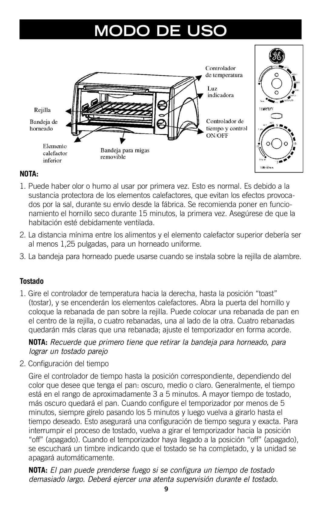 GE 169045 manual Modo DE USO, Tostado, Configuración del tiempo 