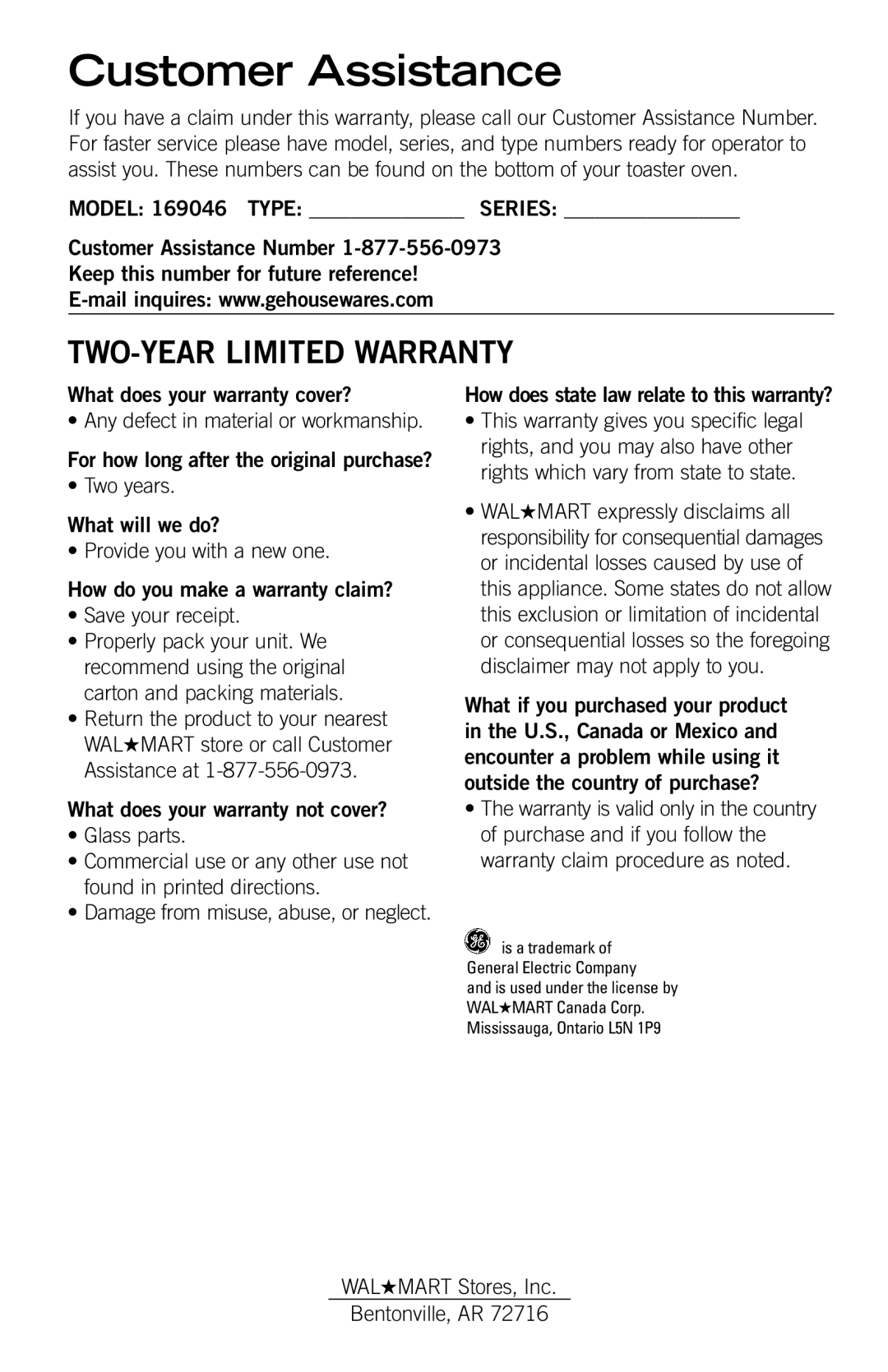 GE 169045 manual Customer Assistance, TWO-YEAR Limited Warranty 