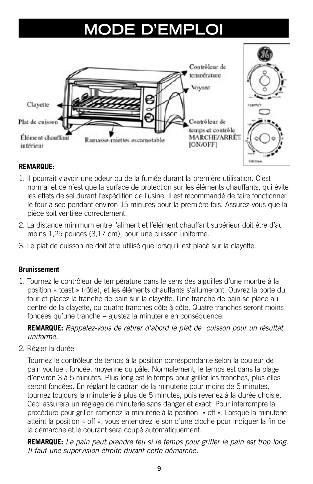 GE 169045 manual Mode D’EMPLOI, Brunissement, Régler la durée 