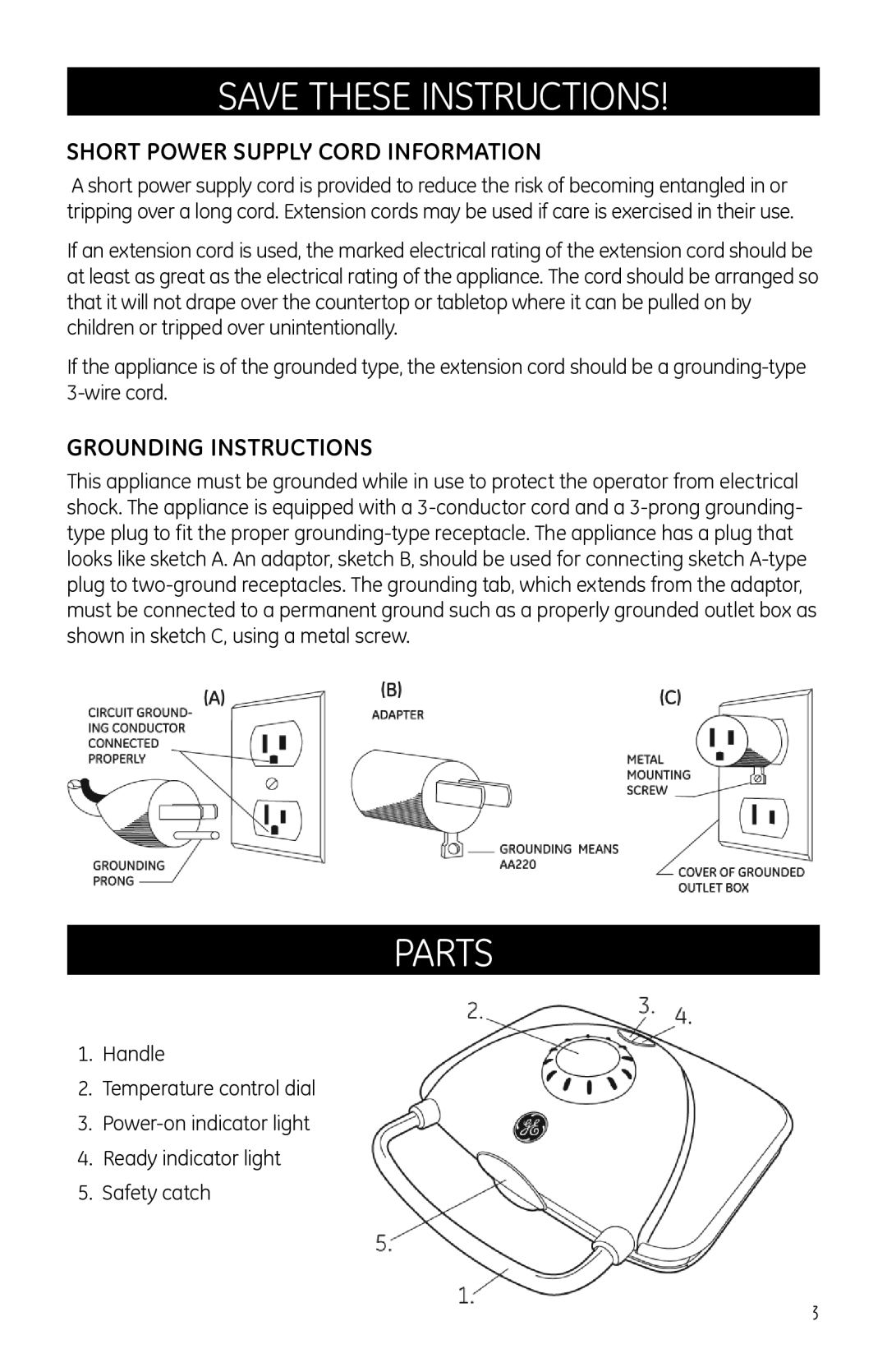 GE 681131690560, 169076 manual Parts, Short Power Supply Cord Information, Grounding Instructions 