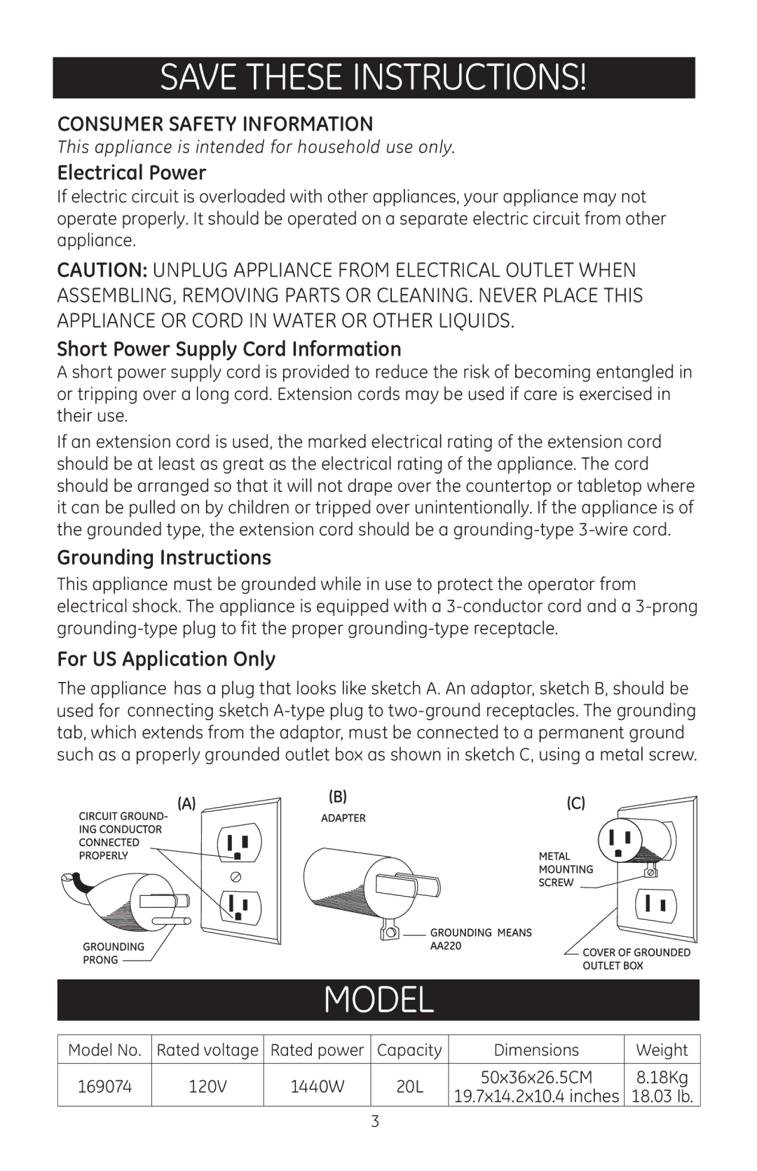 GE 169074 manual Electrical Power, Short Power Supply Cord Information, Grounding Instructions, For US Application Only 