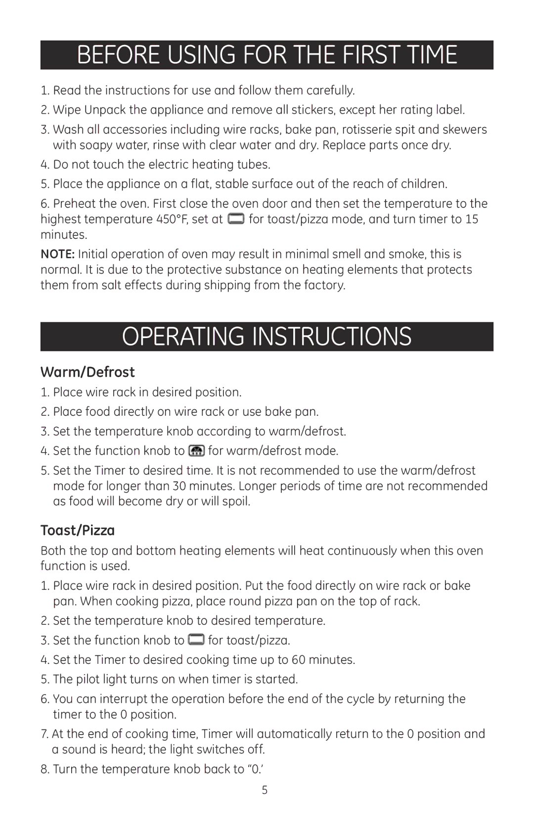 GE 169074 manual Before using for the first time, Operating instructions, Warm/Defrost, Toast/Pizza 