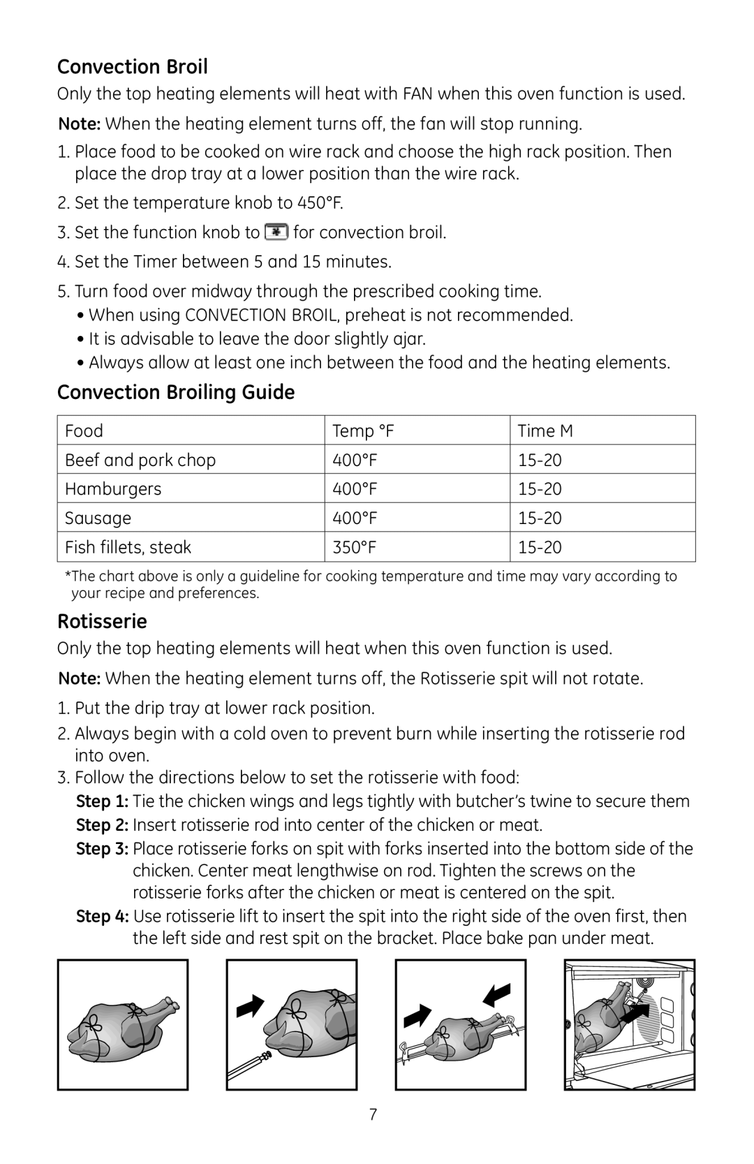 GE 169074 manual Convection Broiling Guide, Rotisserie 