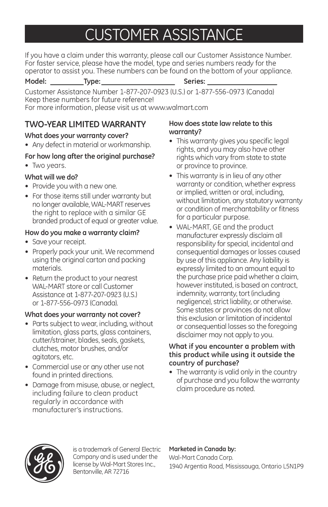 GE 169074 manual Customer Assistance, Two-Year Limited Warranty 