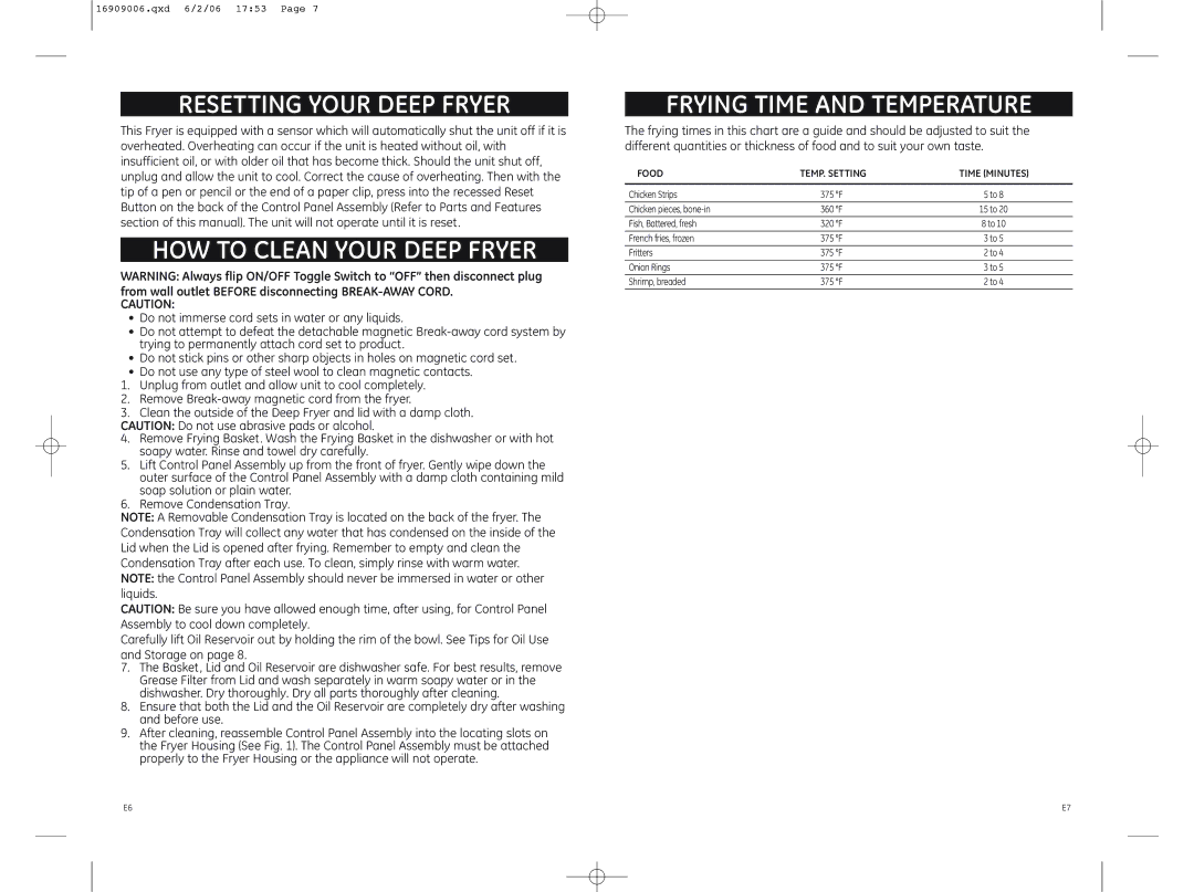 GE 169120, 169090 Resetting Your Deep Fryer, HOW to Clean Your Deep Fryer, Frying Time and Temperature, Food TEMP. Setting 