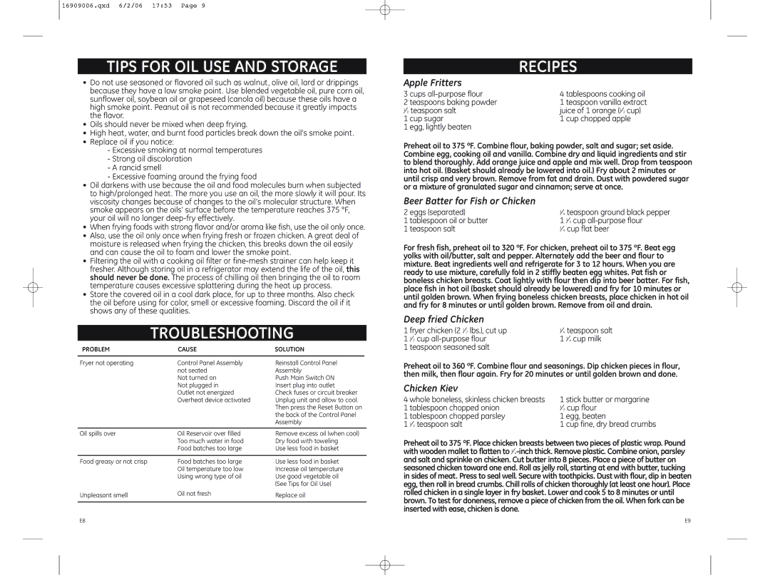 GE 681131690904, 169120 warranty Tips for OIL USE and Storage, Troubleshooting, Recipes 