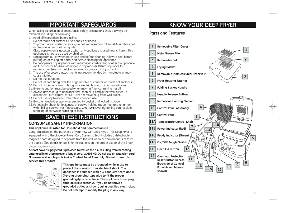 GE 681131690904, 169120 Important Safeguards, Know Your Deep Fryer, Save These Instructions, Parts and Features, 11B 11C 