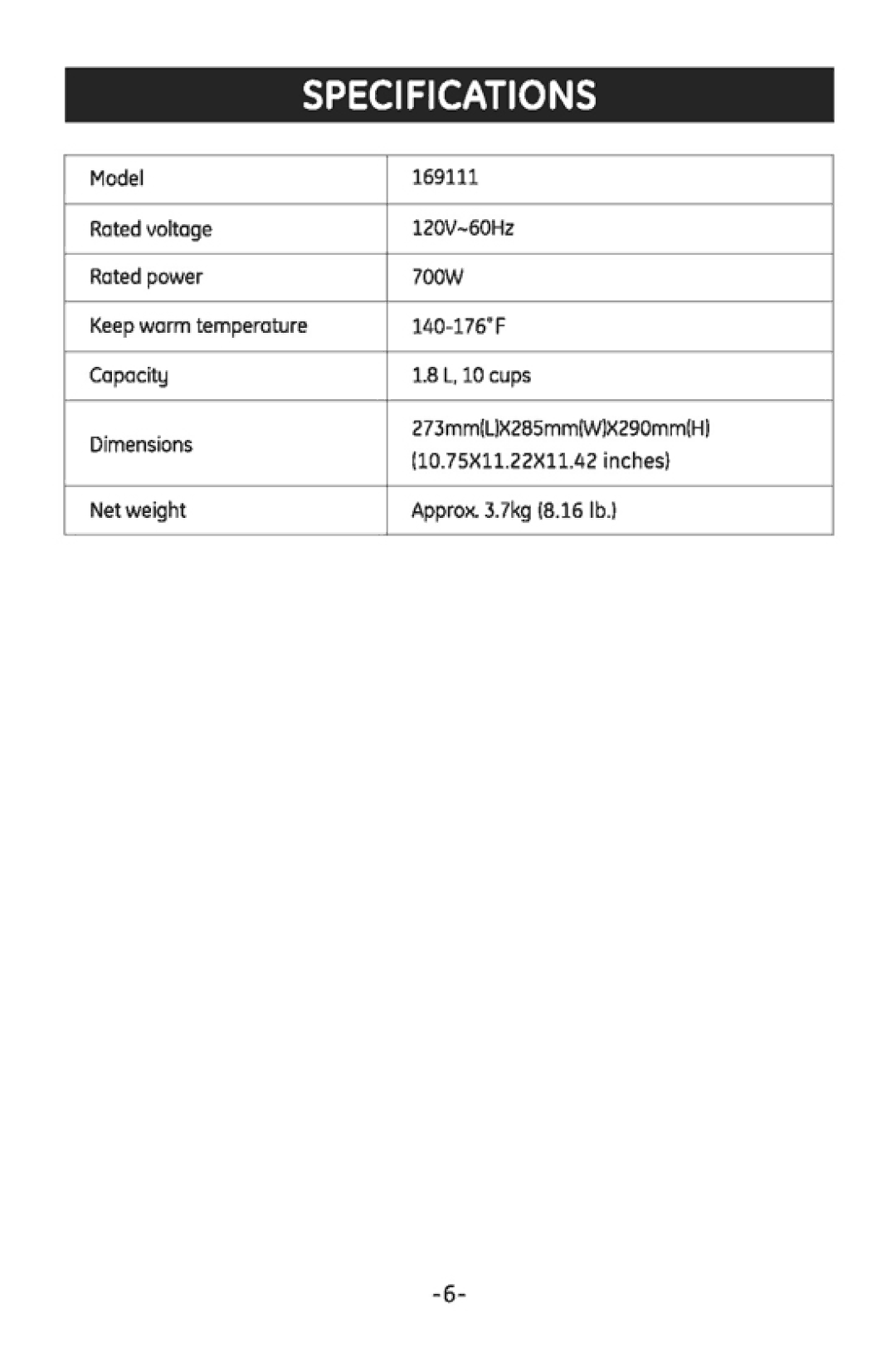 GE 169111 manual 