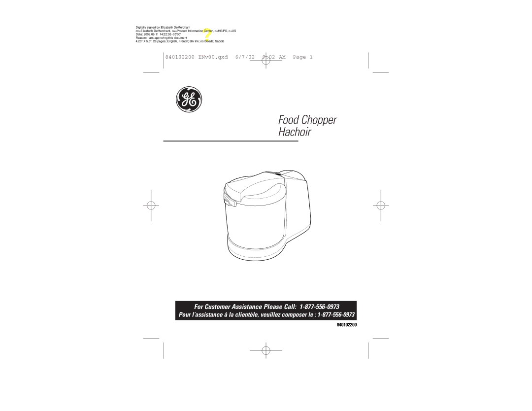 GE 840102200, 169121 manual Food Chopper Hachoir 