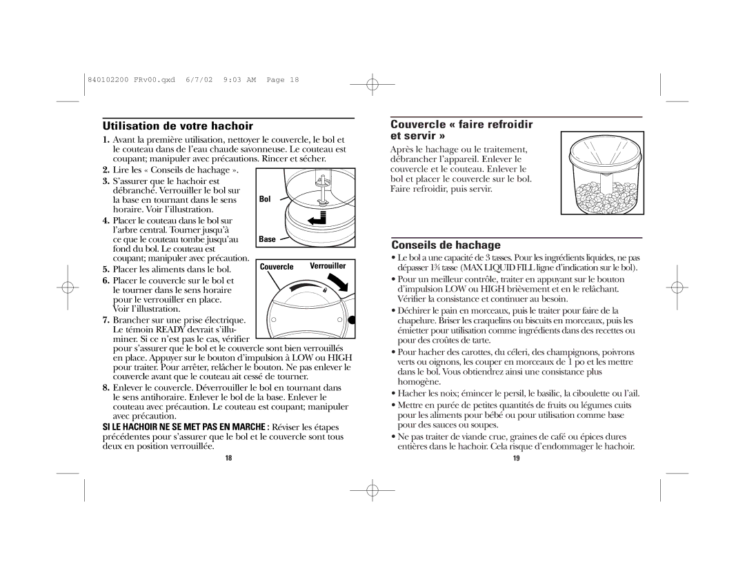 GE 840102200, 169121 manual Utilisation de votre hachoir, Couvercle « faire refroidir et servir », Conseils de hachage 