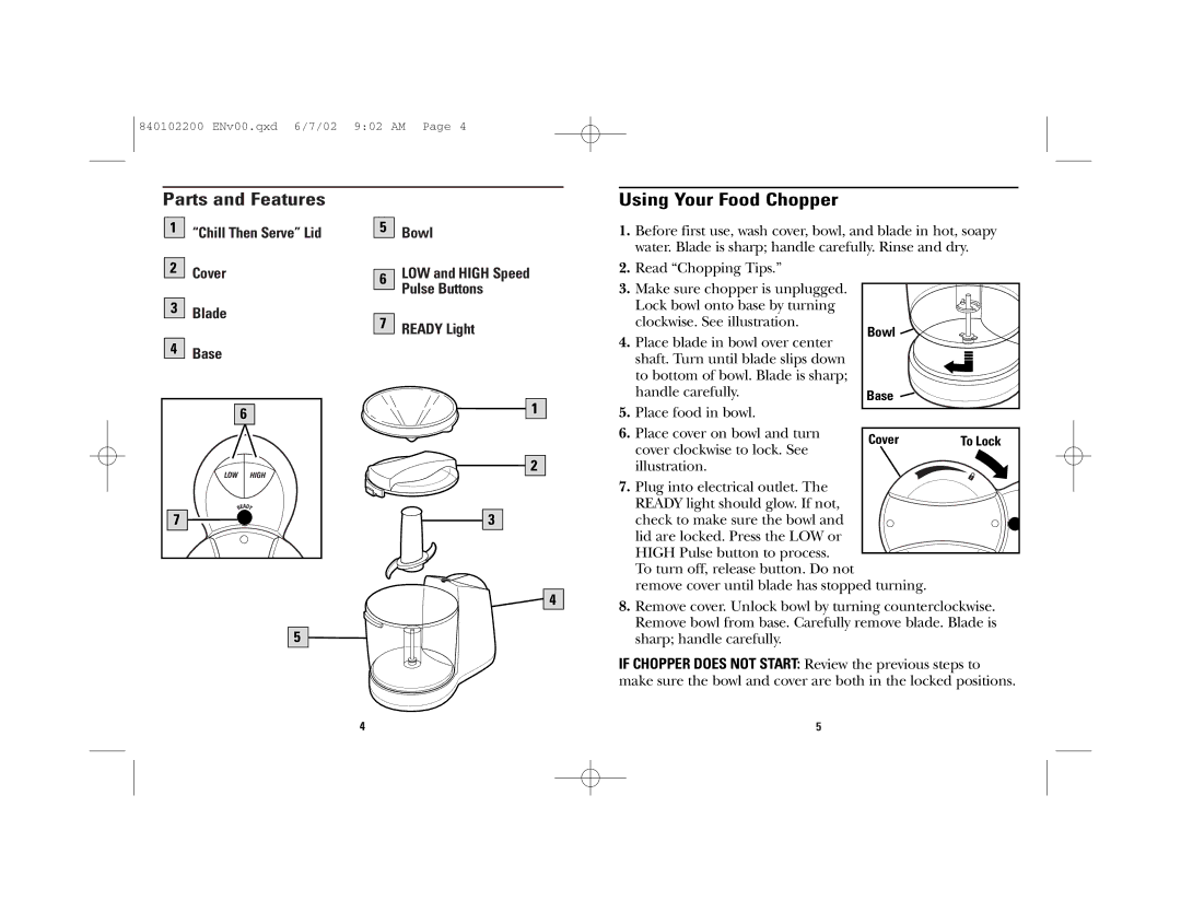 GE 840102200, 169121 manual Parts and Features, Using Your Food Chopper 