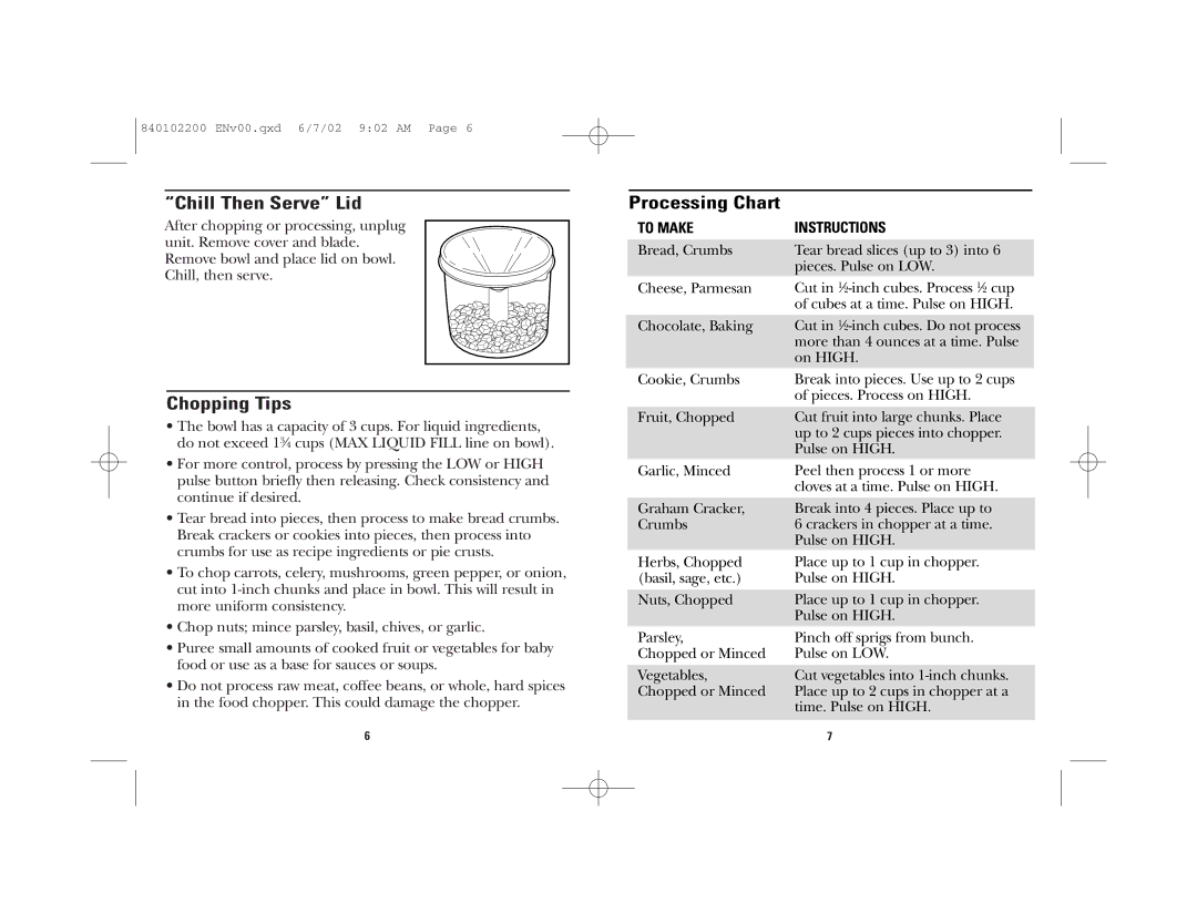 GE 169121, 840102200 manual Chill Then Serve Lid, Chopping Tips, Processing Chart 