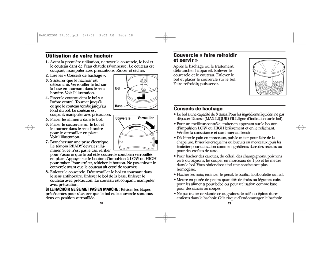 GE 840102200, 169121 manual Utilisation de votre hachoir, Couvercle « faire refroidir et servir », Conseils de hachage 