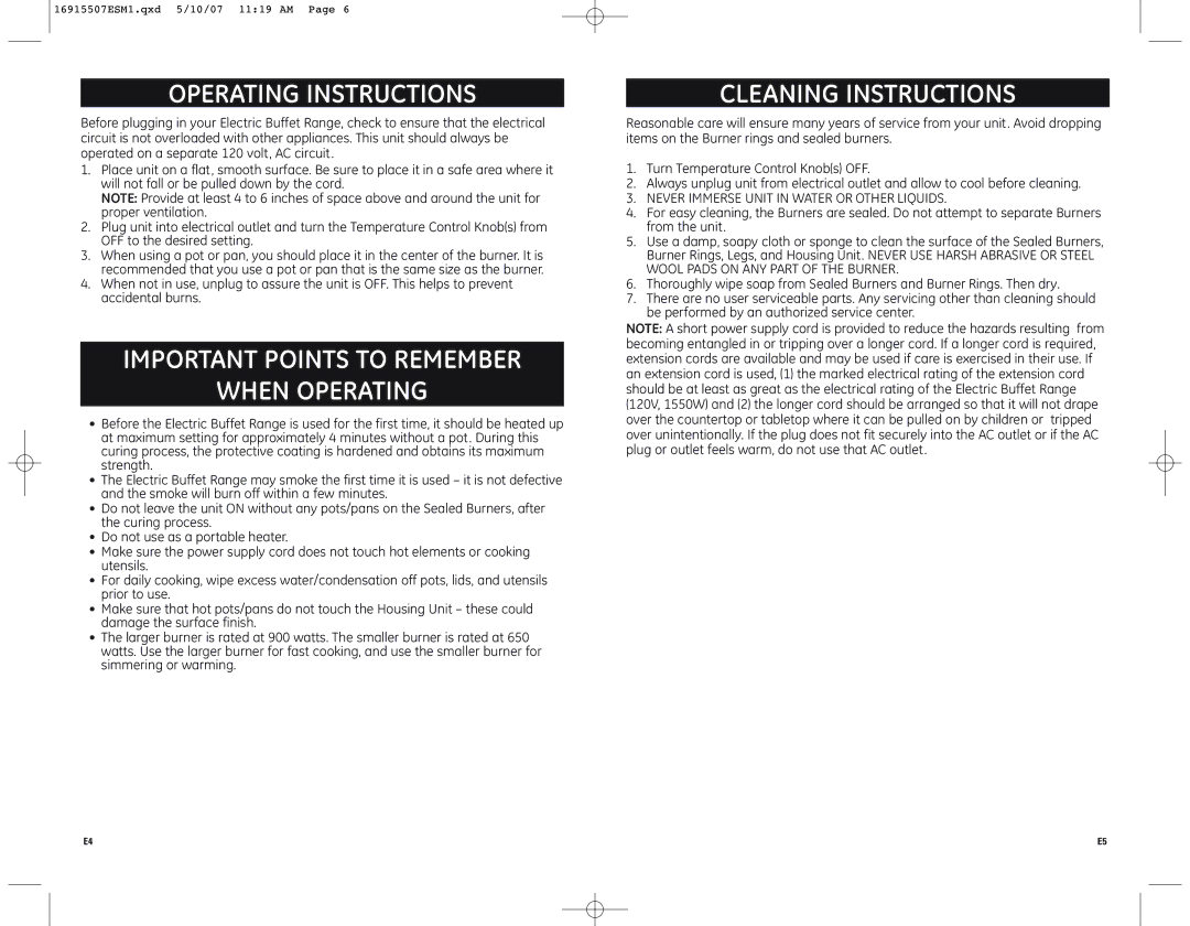 GE 681131691550 warranty Operating Instructions, Important Points to Remember When Operating, Cleaning Instructions 