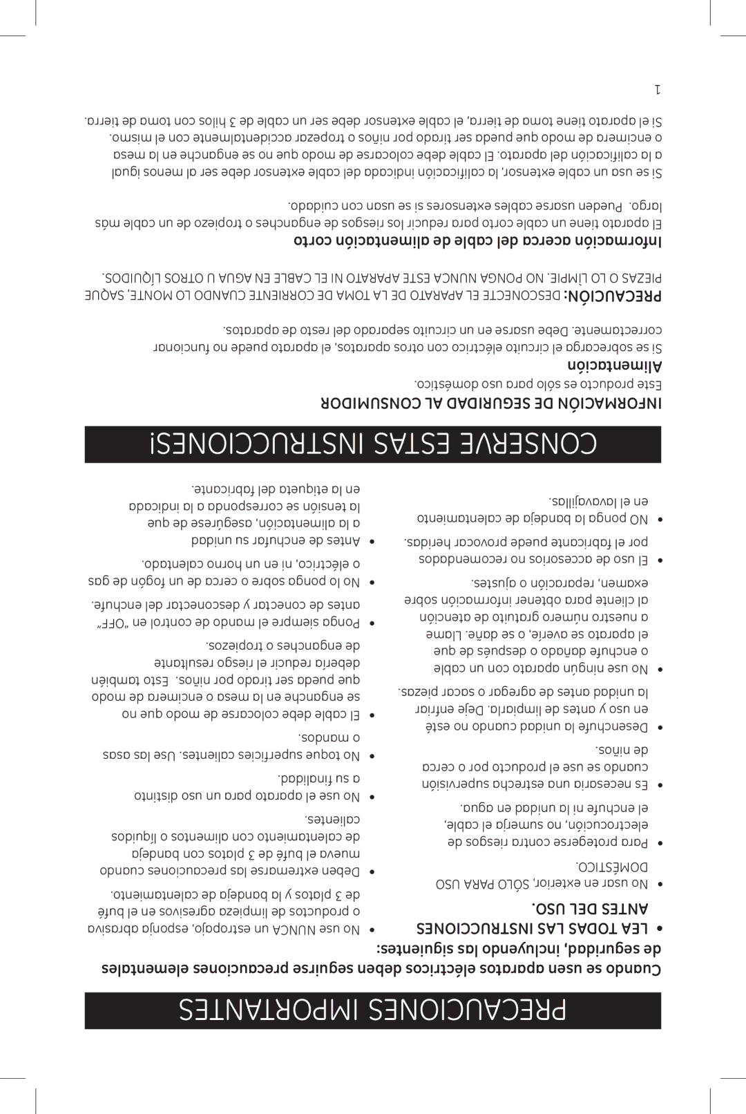 GE 169158 manual Importantes Precauciones, Alimentación, Corto alimentación de cable del acerca Información 