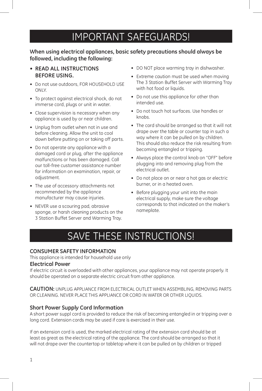 GE 169158 manual Important Safeguards, Electrical Power, Short Power Supply Cord Information 