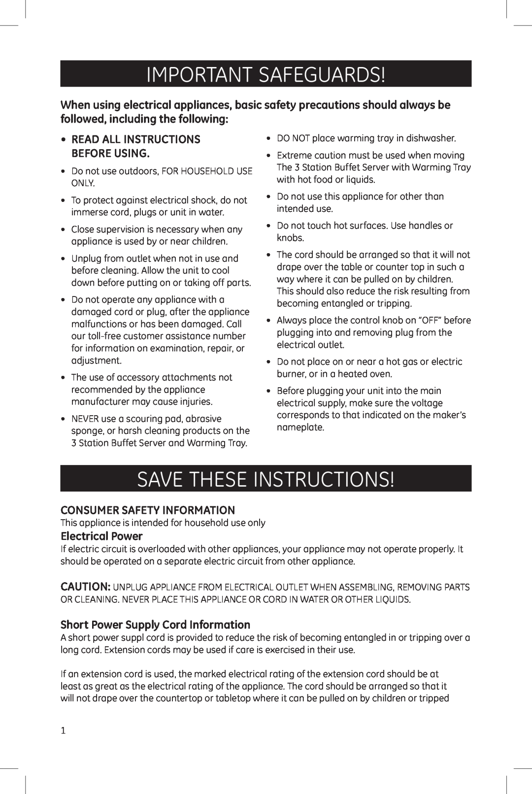 GE 169158 manual Important Safeguards, Save These Instructions, Consumer Safety Information, Electrical Power 