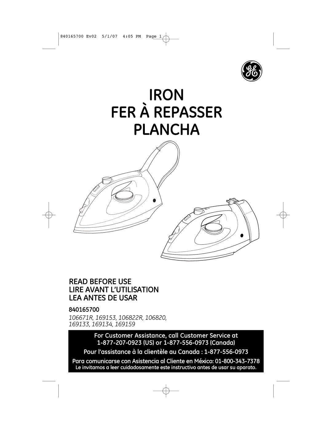 GE 169194, 169159 manual Iron FER À Repasser Plancha, Pour l’assistance à la clientèle au Canada 