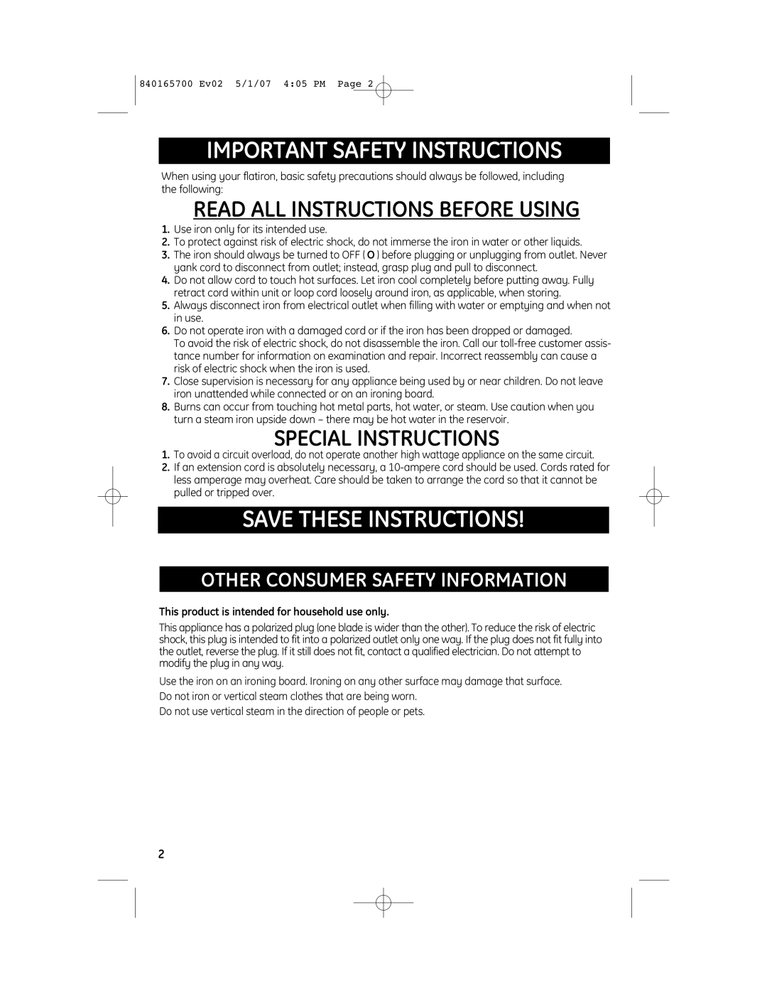 GE 169159, 169194 manual Other Consumer Safety Information, This product is intended for household use only 