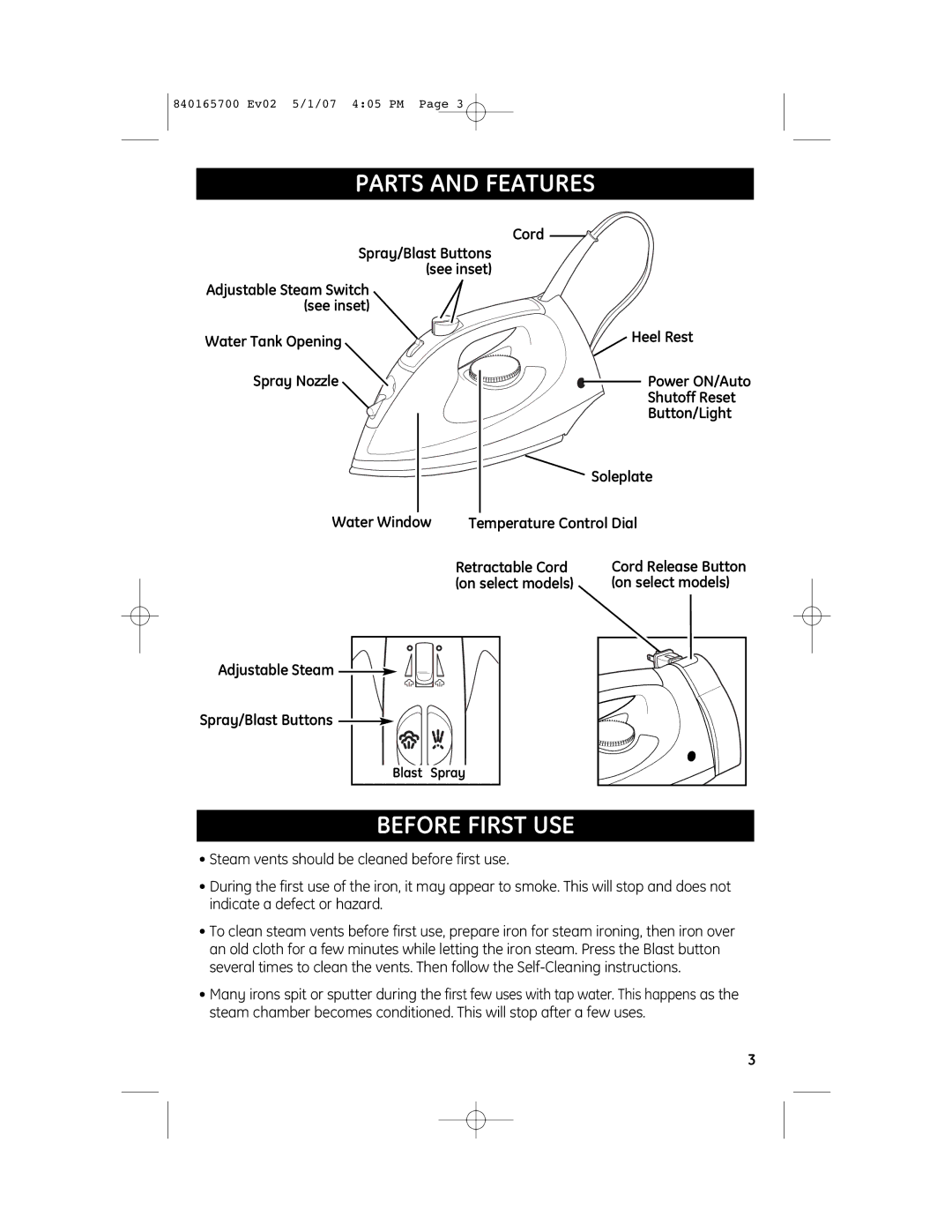 GE 169194, 169159 manual Parts and Features, Before First USE, Cord Spray/Blast Buttons See inset 