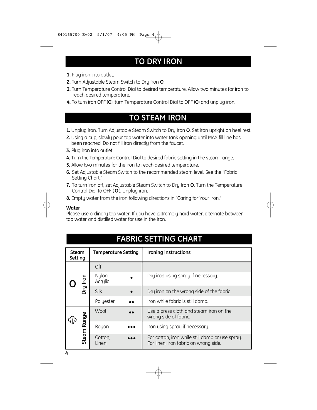 GE 169159, 169194 manual To DRY Iron, To Steam Iron, Fabric Setting Chart 