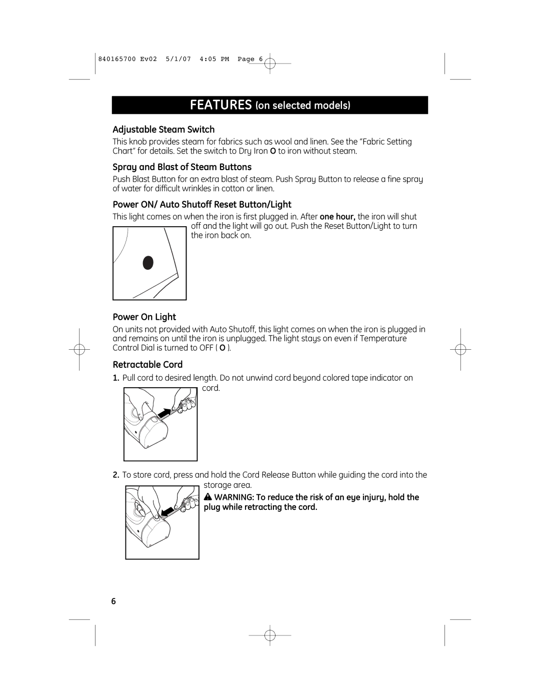 GE 169159, 169194 manual Features on selected models 