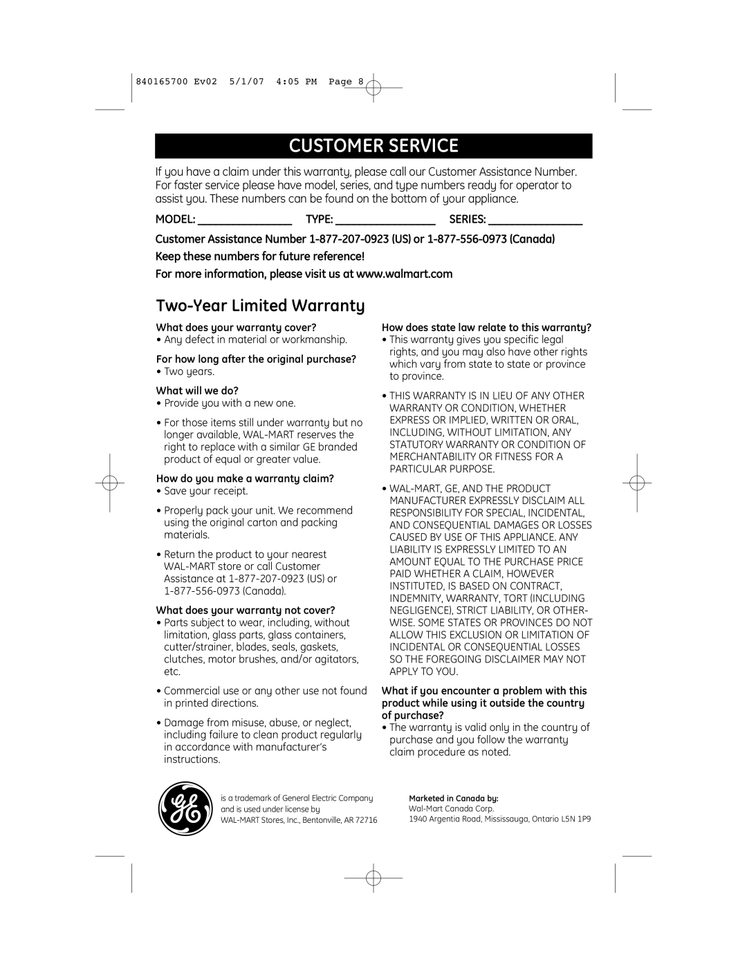 GE 169159, 169194 manual Customer Service 