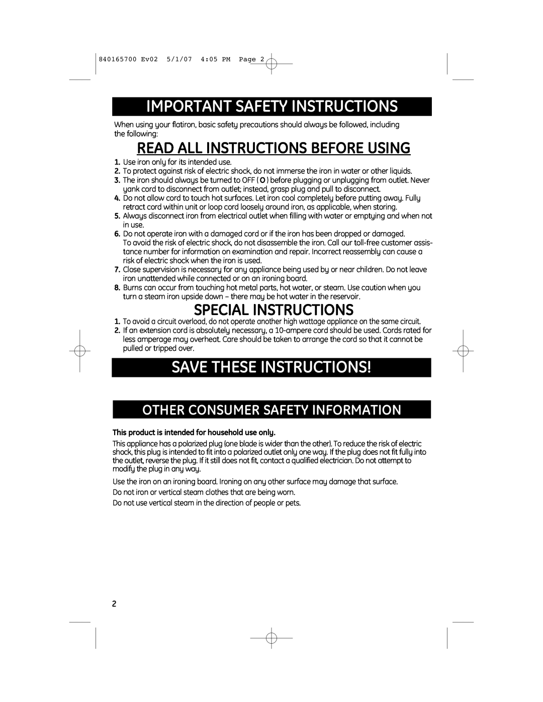GE 169159 Other Consumer Safety Information, Important Safety Instructions, Save These Instructions, Special Instructions 