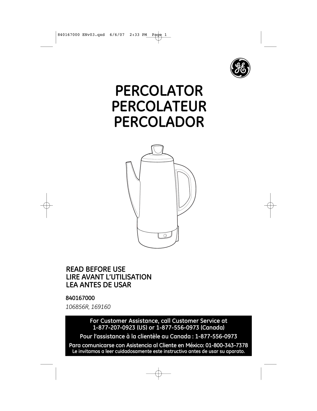 GE 840167000, 169160 manual Percolator Percolateur Percolador 