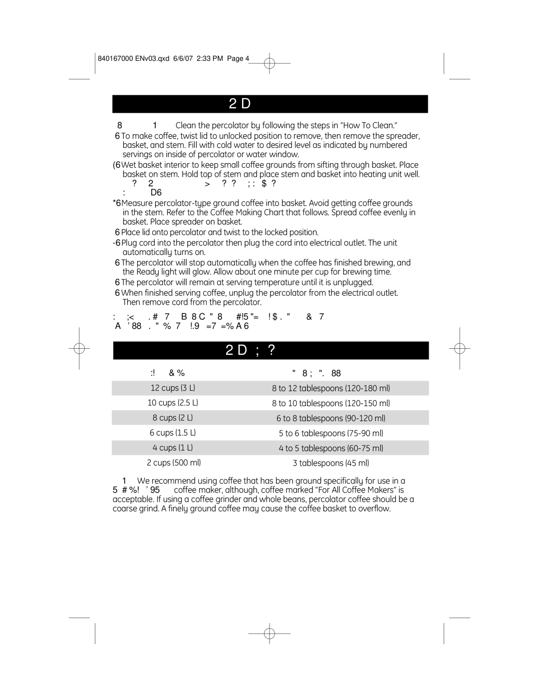 GE 169160, 840167000 manual To Make Coffee, Coffee Making Chart, Water Level Amount of Ground Coffee 