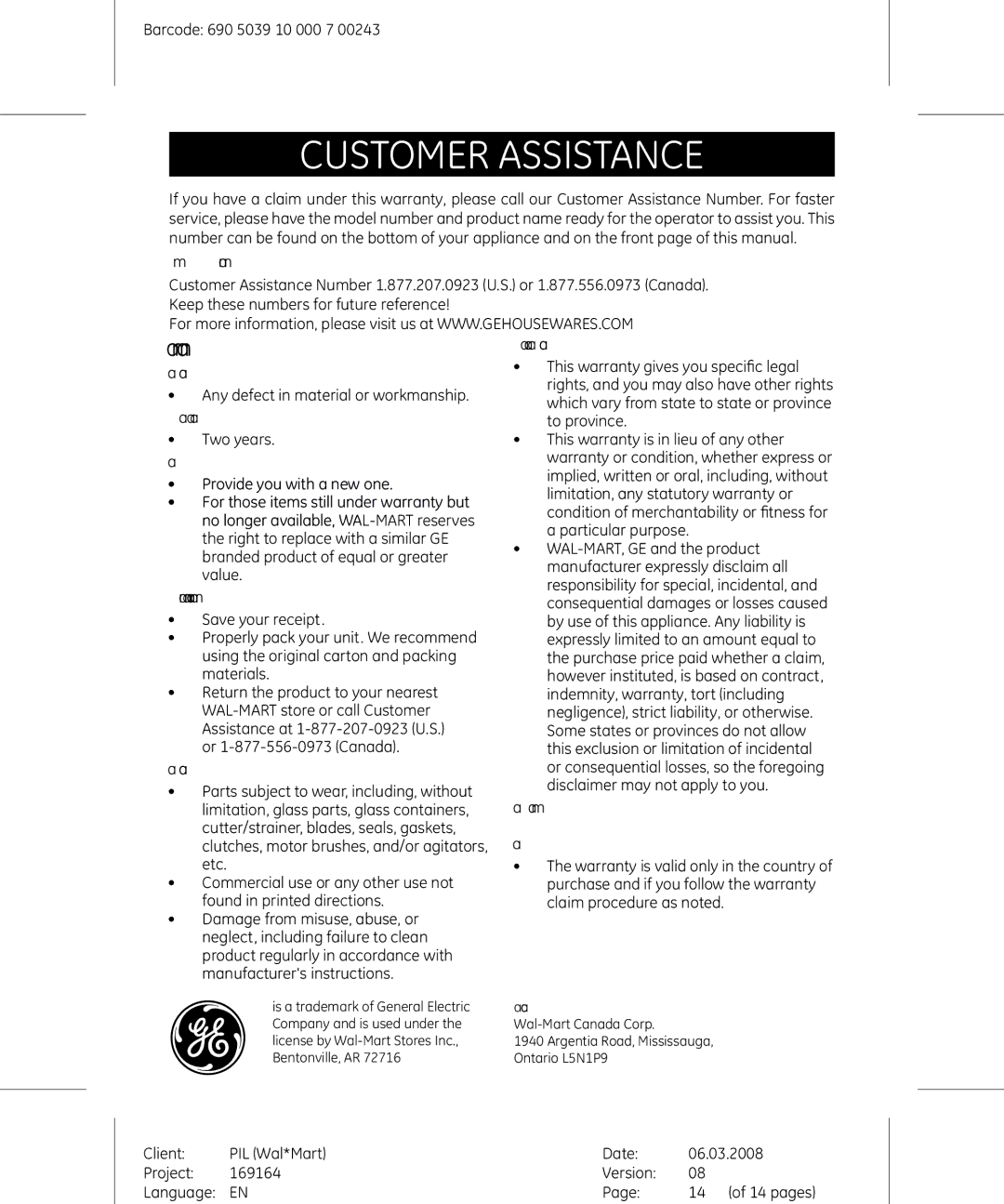 GE 169164 manual Customer Assistance, Two-year limited warranty 