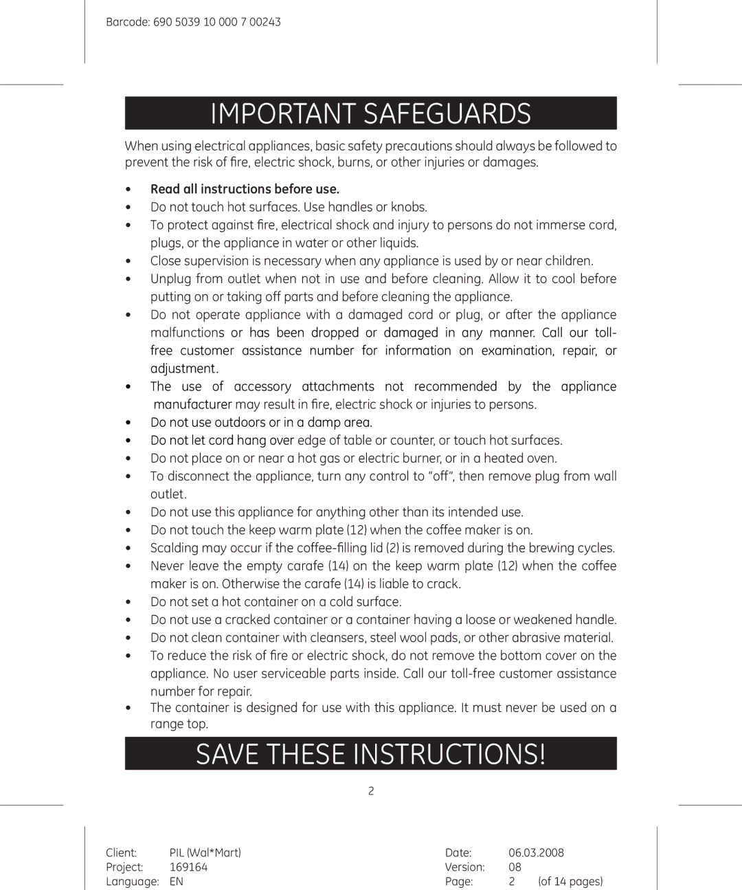 GE 169164 manual Important Safeguards, Read all instructions before use 