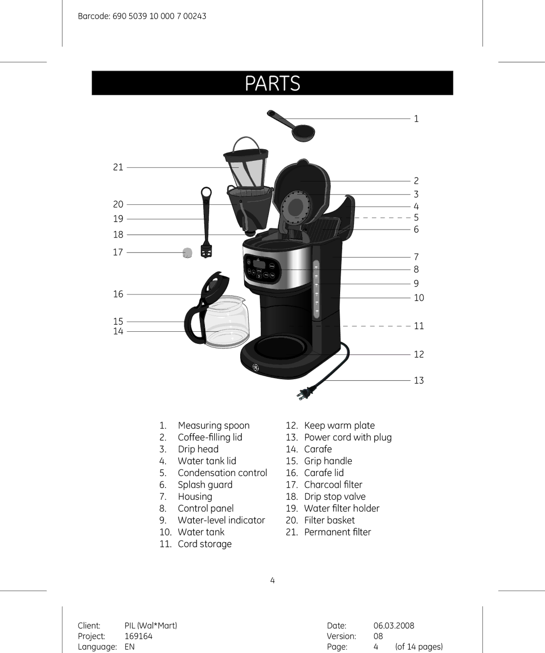 GE 169164 manual Parts 