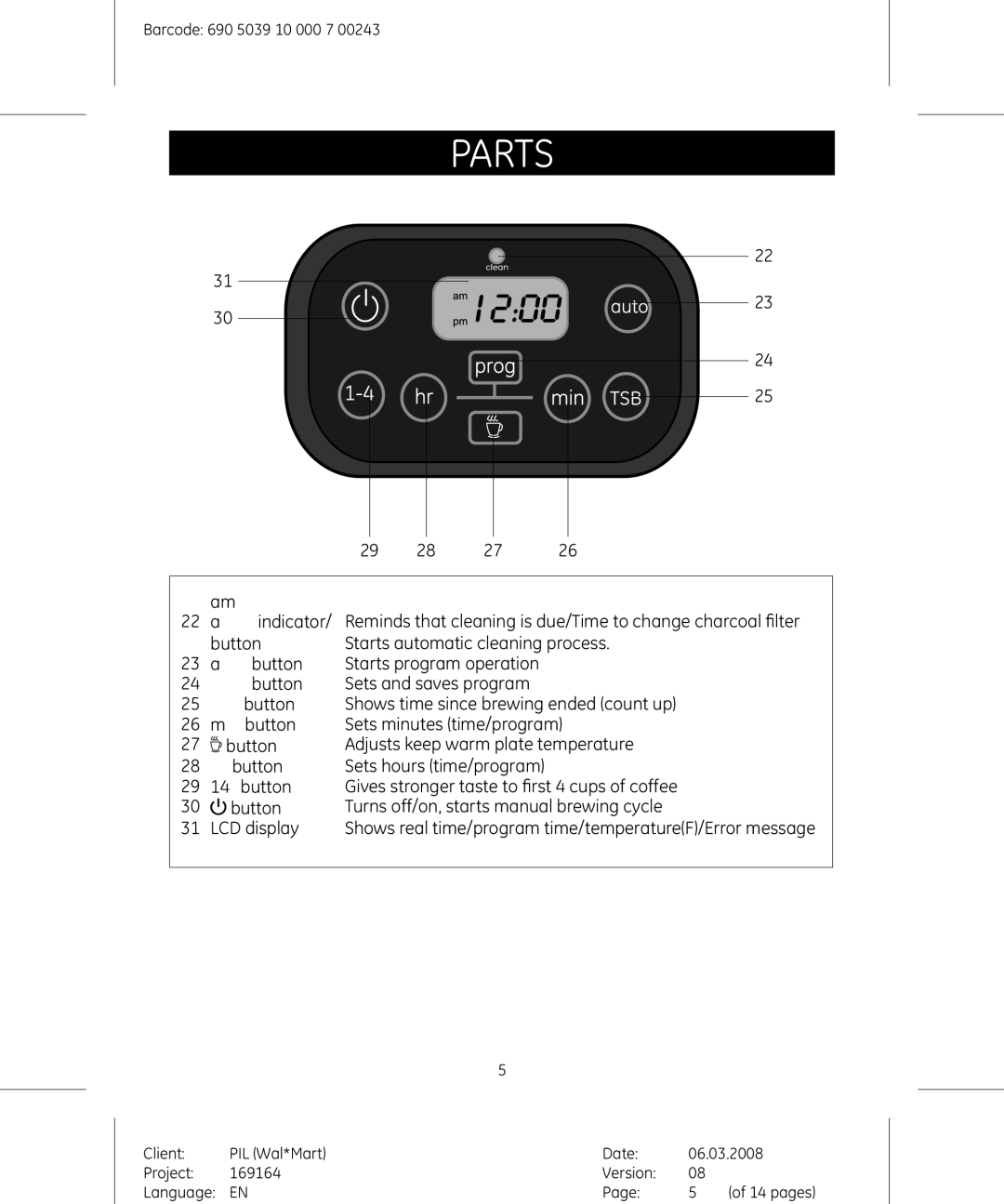 GE 169164 manual Parts, Name 