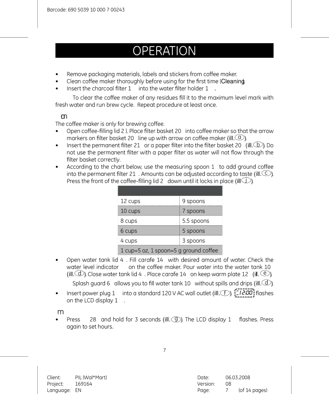 GE 169164 manual Operation, Before first use, Using the coffee maker, Setting time 