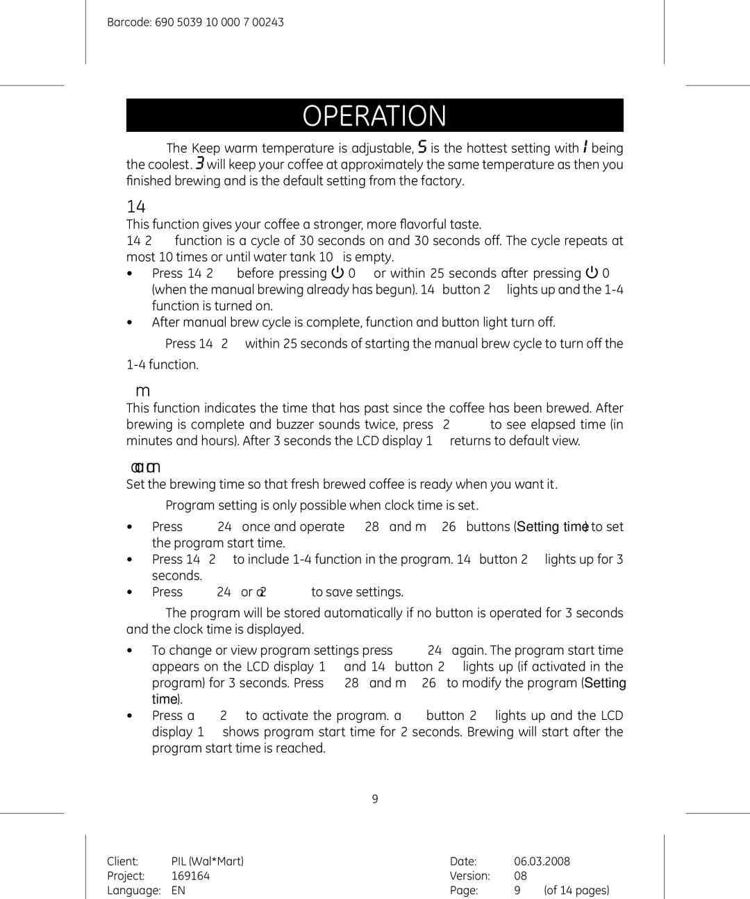 GE 169164 manual Button, TSB button Time Since Brew, Setting and activating the Auto Program Function 