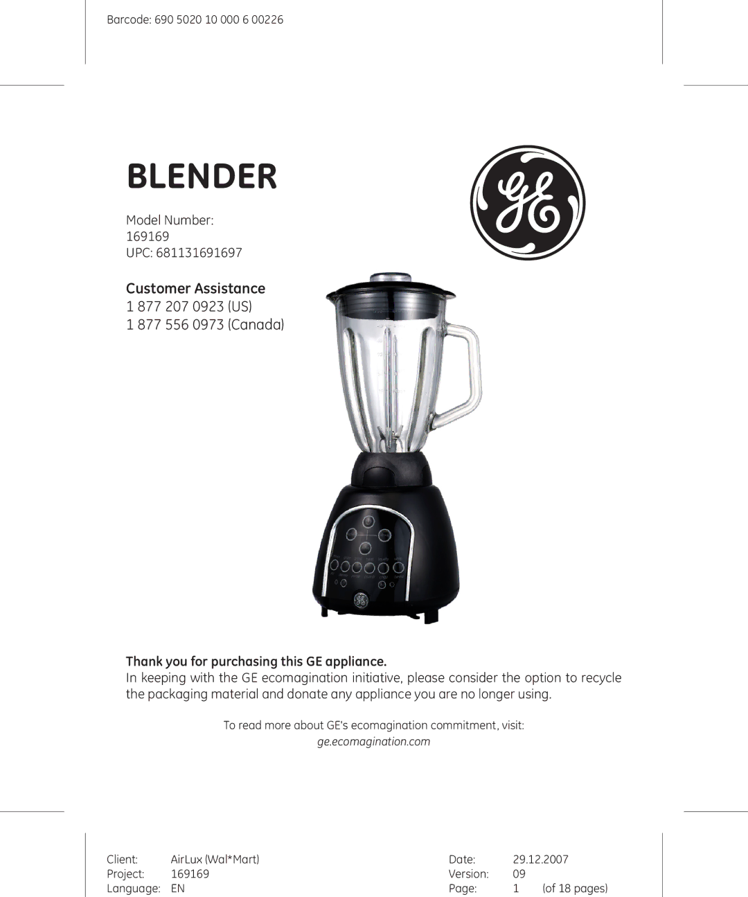 GE 169175, 169169 manual Blender 