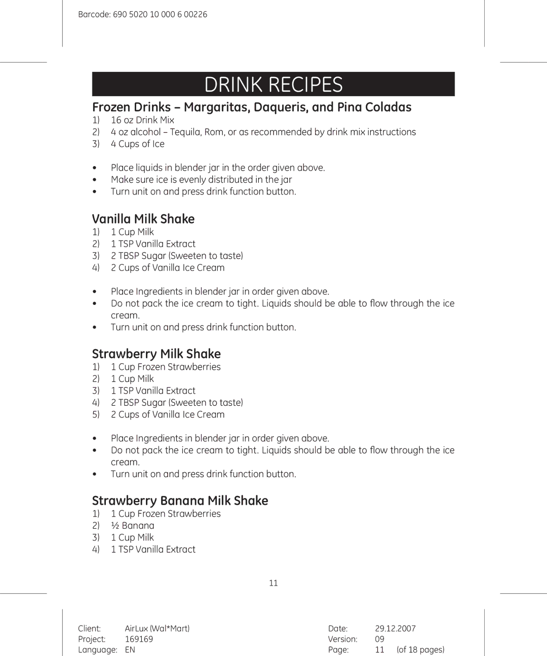 GE 169175, 169169 manual Frozen Drinks Margaritas, Daqueris, and Pina Coladas, Vanilla Milk Shake, Strawberry Milk Shake 