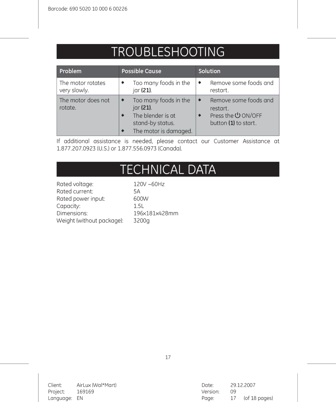 GE 169175, 169169 manual Troubleshooting, Technical data 