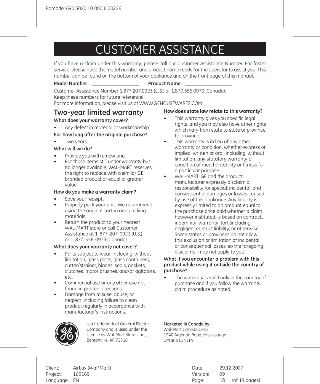 GE 169169, 169175 manual Customer Assistance, Two-year limited warranty 