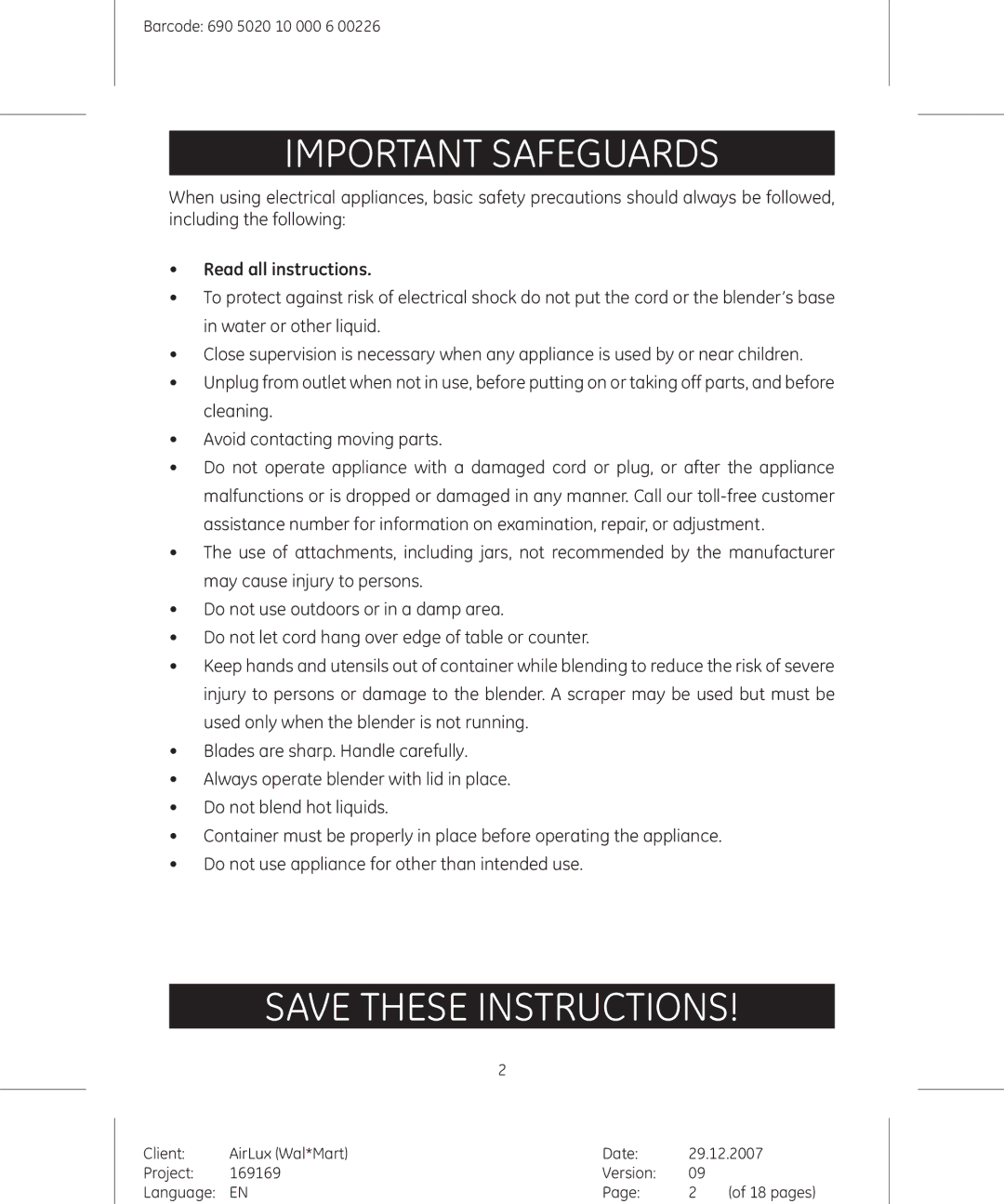 GE 169169, 169175 manual Important Safeguards, Read all instructions 