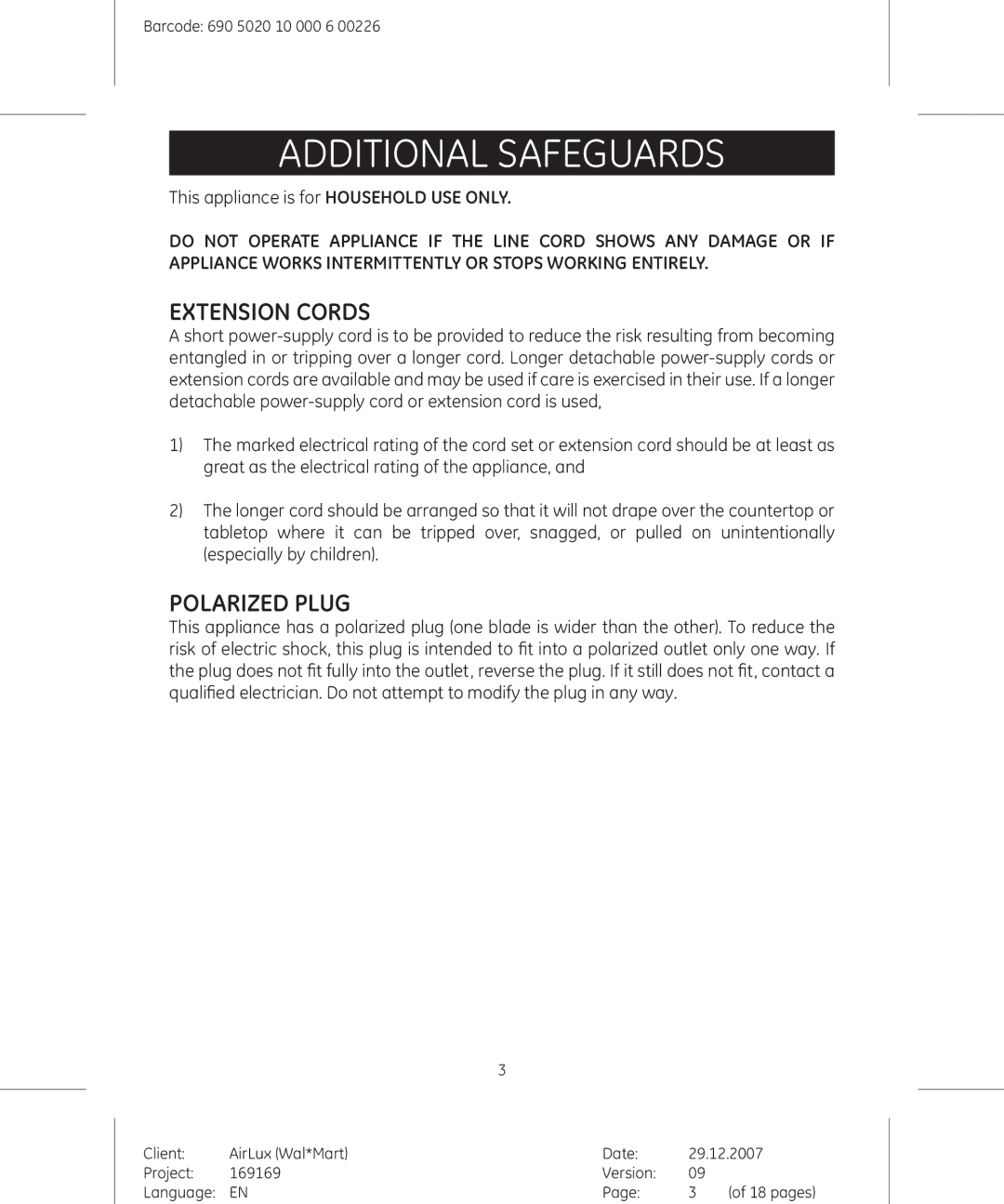 GE 169175, 169169 manual Additional Safeguards, Extension Cords 