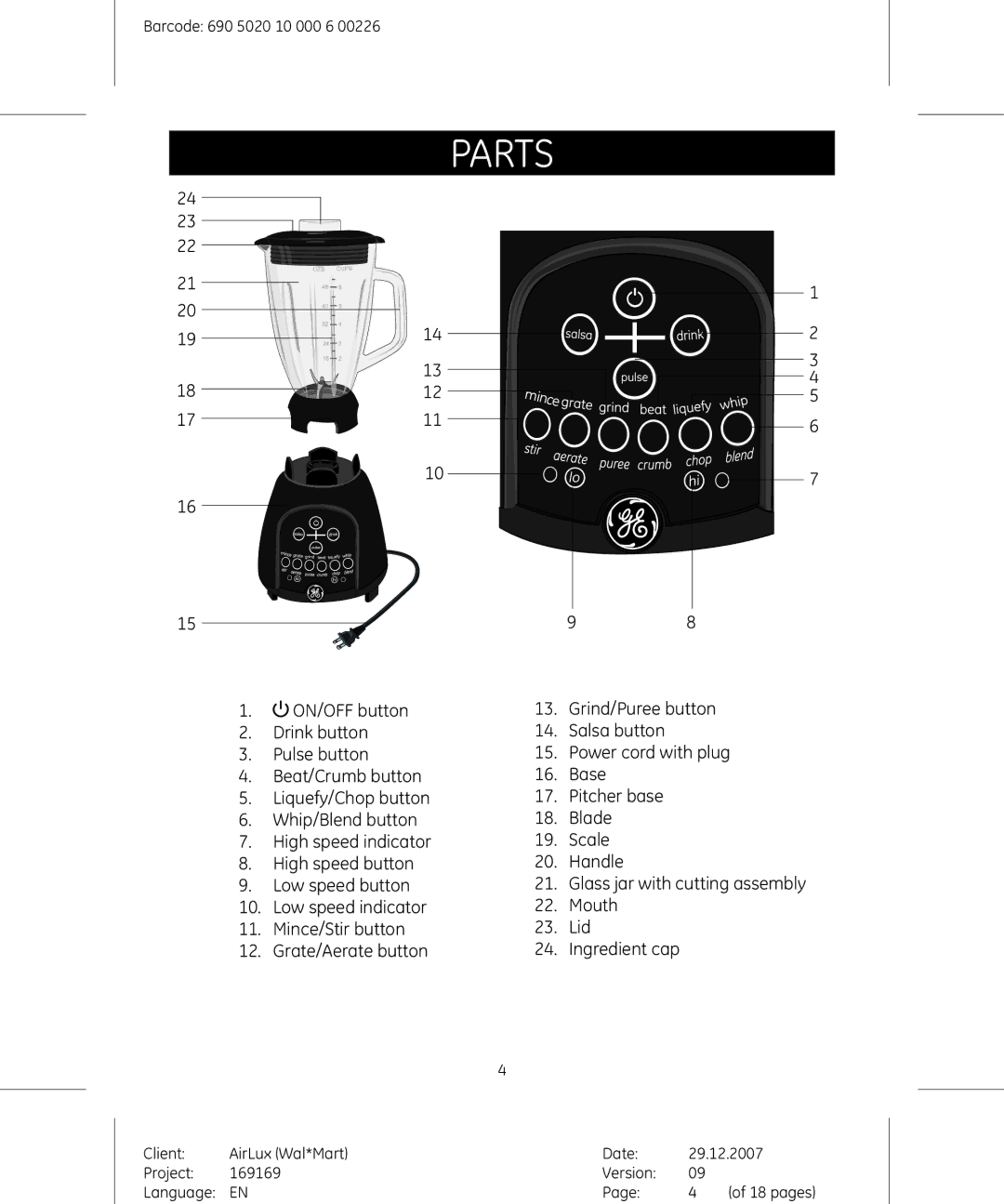 GE 169169, 169175 manual Parts 