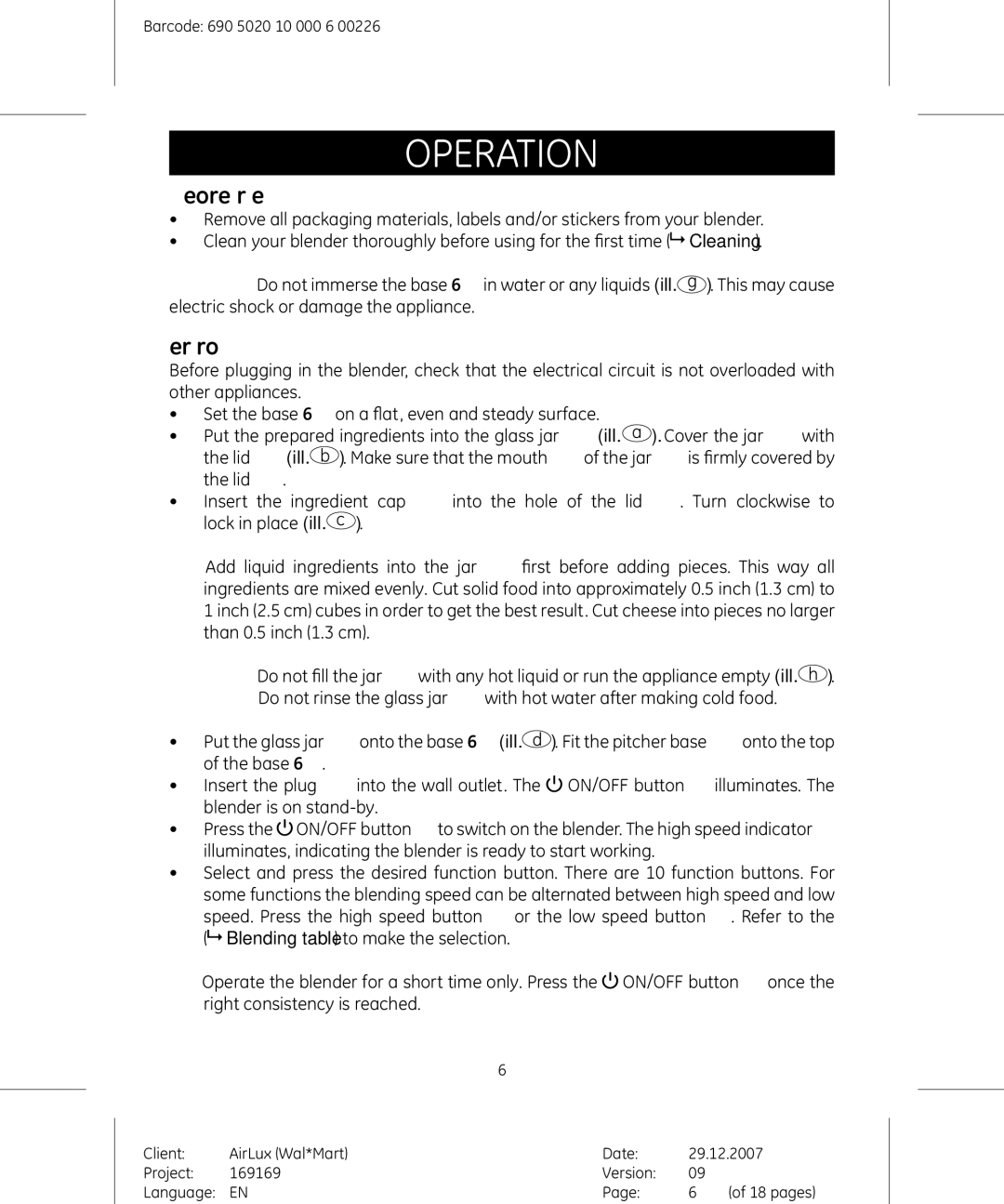 GE 169169, 169175 manual Operation, Before first use, Operating instructions 