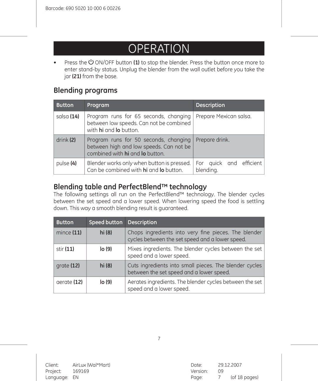 GE 169175, 169169 manual Blending programs, Blending table and PerfectBlend technology 