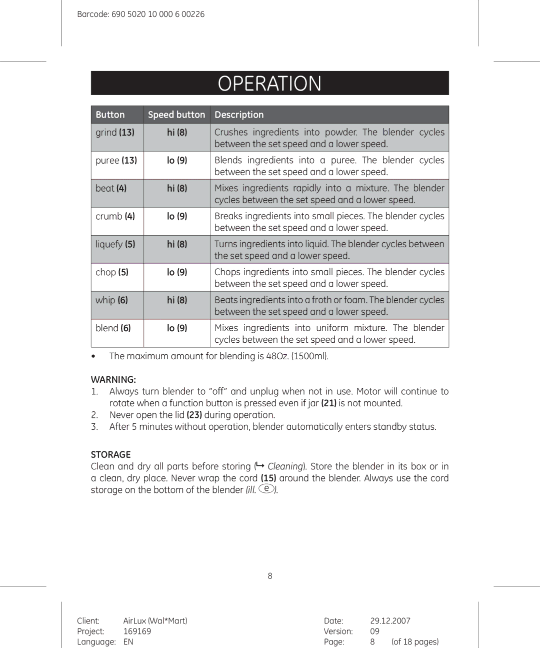 GE 169169, 169175 manual Storage 