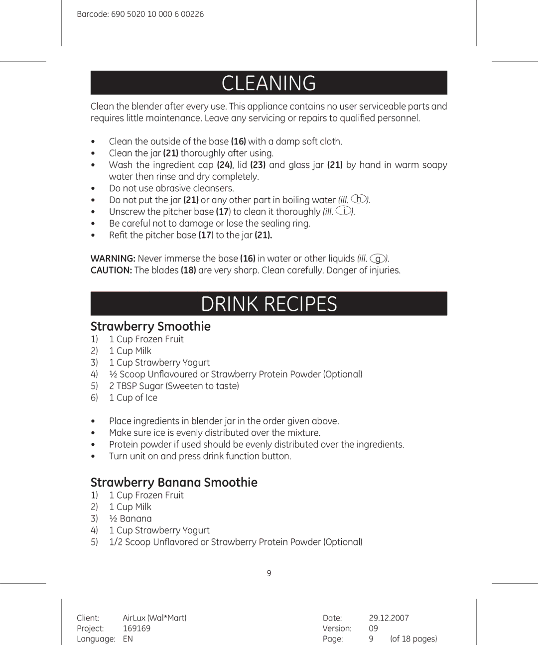 GE 169175, 169169 manual Cleaning, Drink Recipes, Strawberry Smoothie, Strawberry Banana Smoothie 