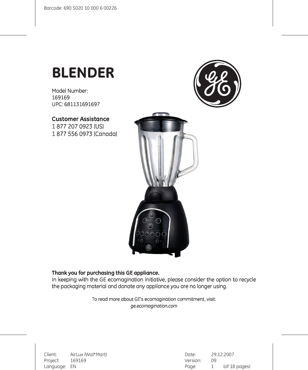 GE 169175, 169169 manual Customer Assistance 1 877 207 0923 US, Thank you for purchasing this GE appliance, Blender 